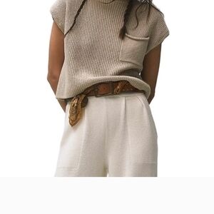 2 Piece Lounge wear set Chic Beige Knit Cap Sleeve Top and Sweater pants